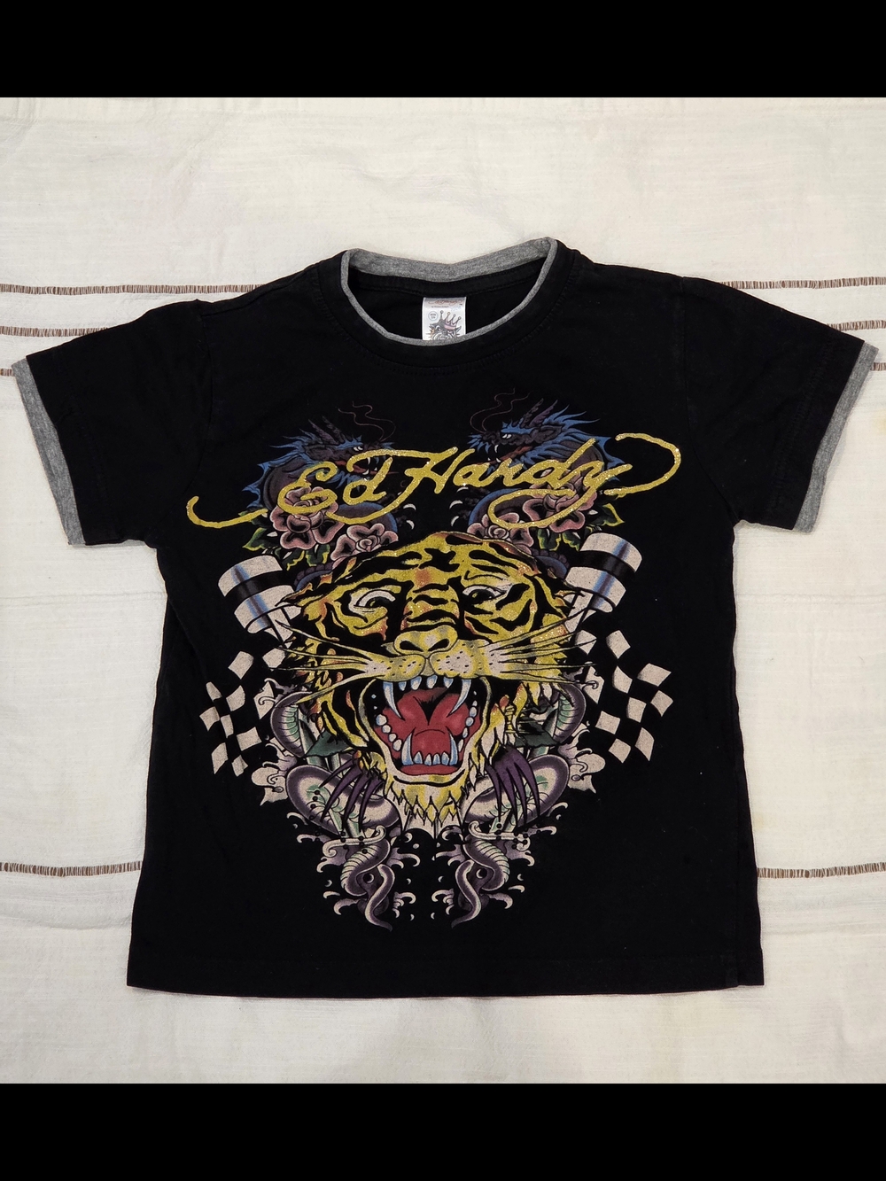 Ed Hardy Oldschool Kids Short Sleeve Tee with Yellow Tiger Graphic